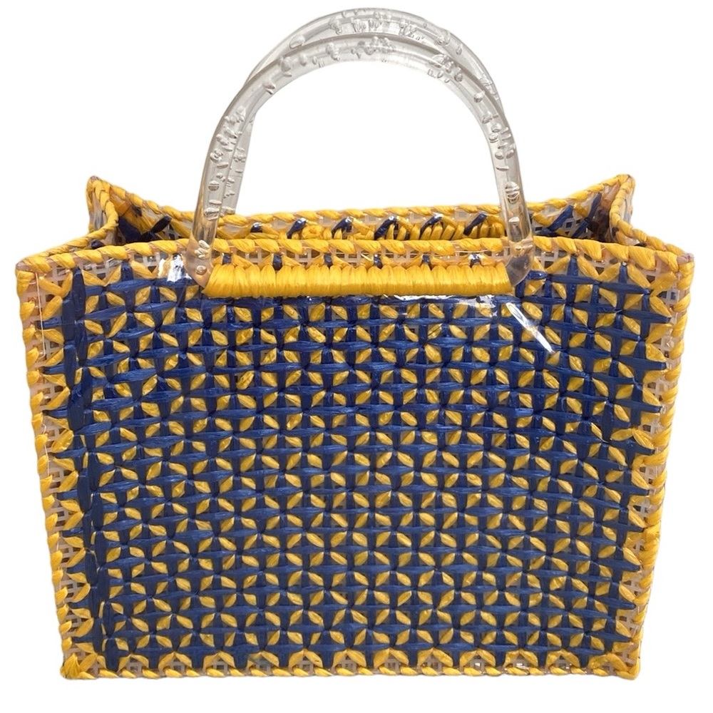 Mini Woven Lucite Handle Yellow Blue Tote